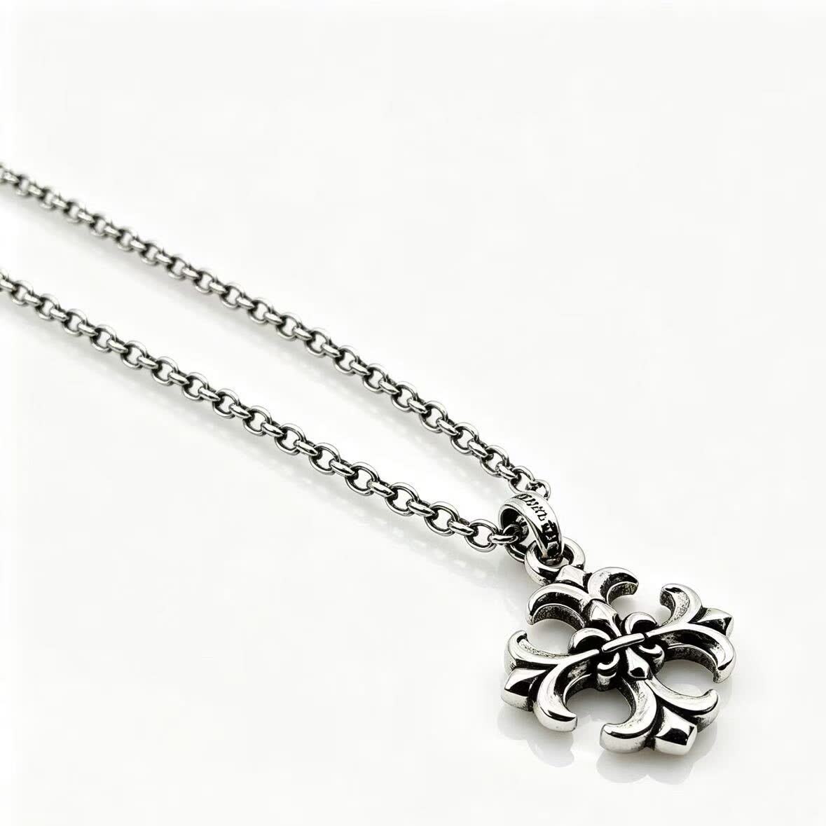 Chrome Hearts Sterling Silver Fleur-de-lis Cross Pendant Necklace